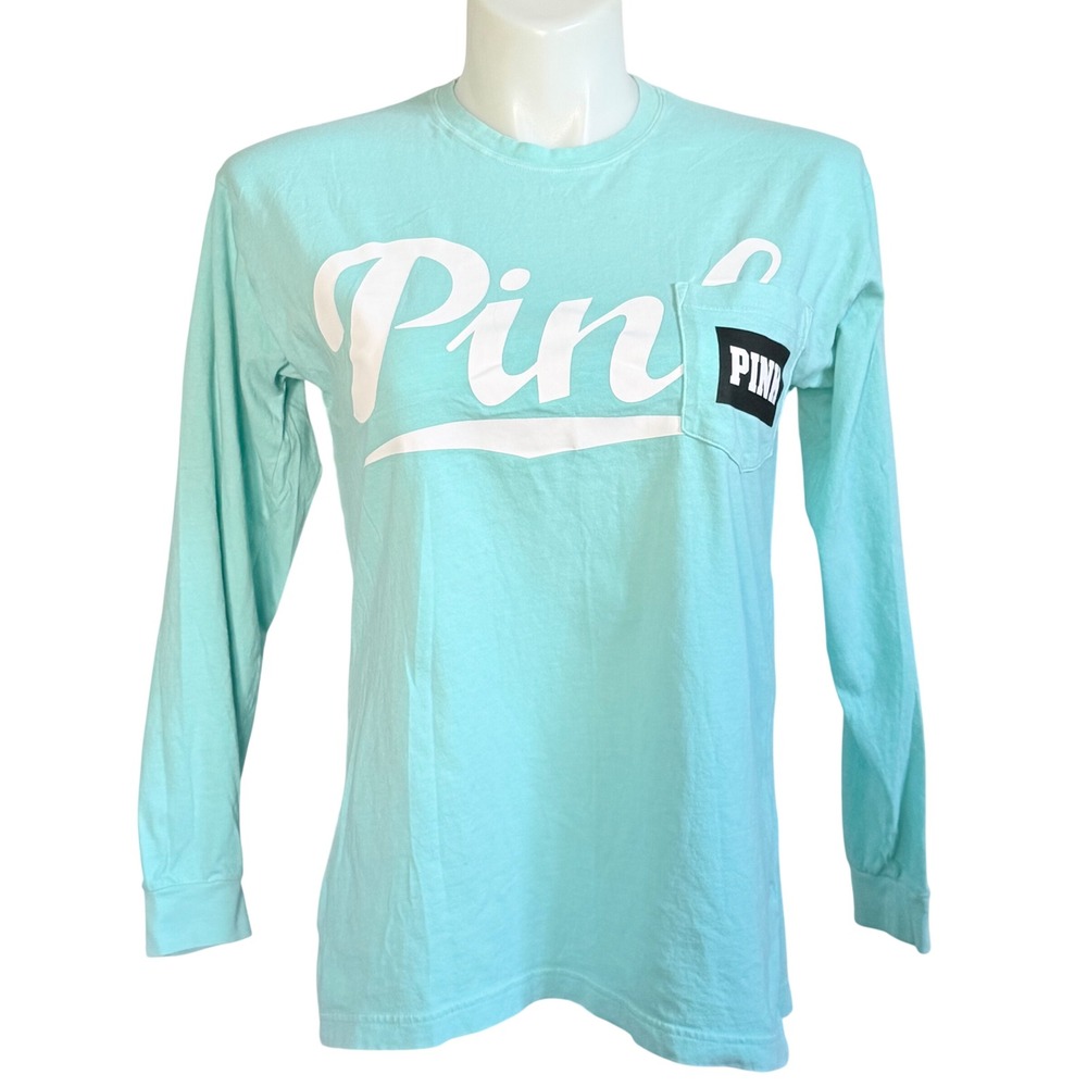 PINK Victorias Secret Long Sleeve Pocket Tee Aqua Mint Green Logo Shirt Small